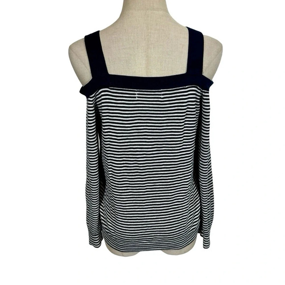 Anthropologie Krissy Striped Cold Shoulder Cardigan Navy - Picture 5 of 8